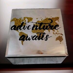 Mirrored Jewelry Box Hinged Lid Lined Adventure Awaits Mirror Gold Accent 5"x5"